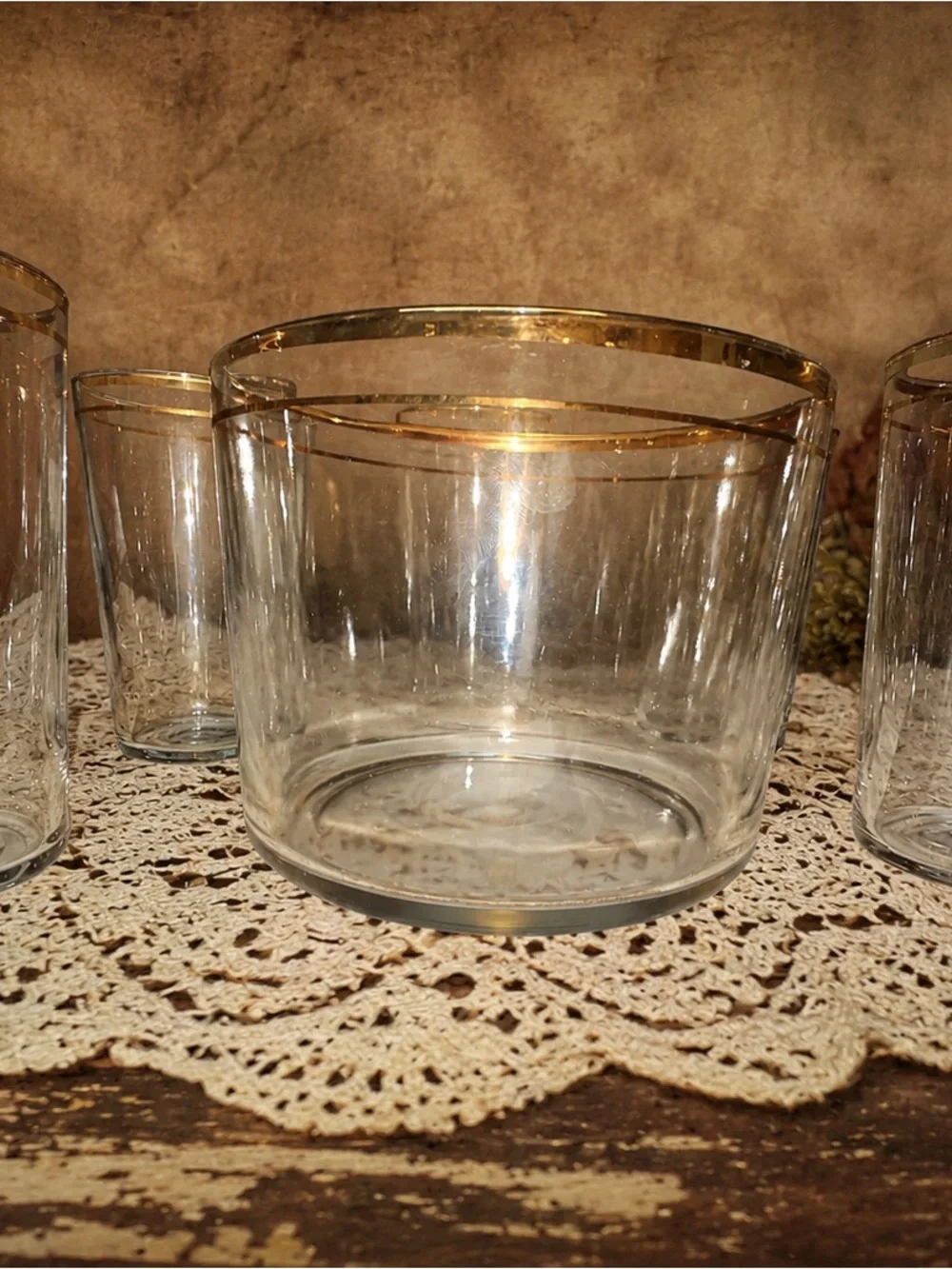 Vintage Gold Rim Glass Ice Bucket with 5 Matching Tumblers Barware Cocktail Set